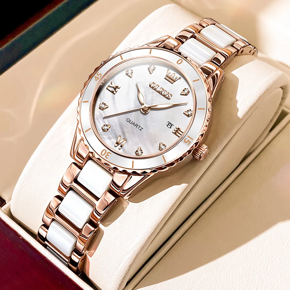 OLEVS Elegantni modni ženski satovi. Jednostavan luksuzni originalni kvarcni ženski ručni sat sa keramičkim kajšem vodootporan. Sa datumumom.